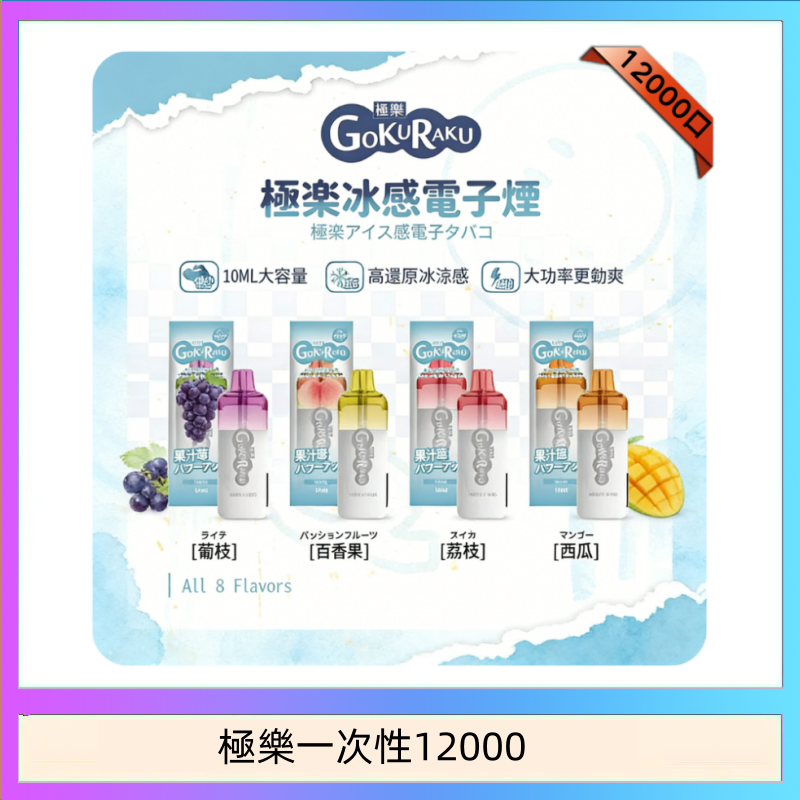 極樂一次性12000 【8種口味】極楽 12000口一次性電子煙|超大容量 |口感絲滑|新品